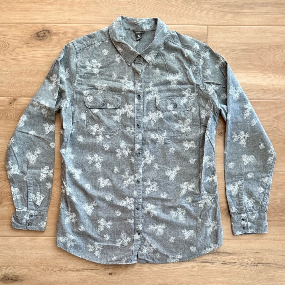 Eddie Bauer Light Gray Pinecone Print Flannel Button-Down Shirt Size XL Tall